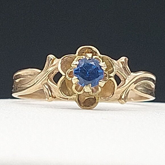 Antique 10K Gold Victorian Blue Spinel Ring Art Nouveau Floral 6-Prong Solitaire - Picture 4 of 12
